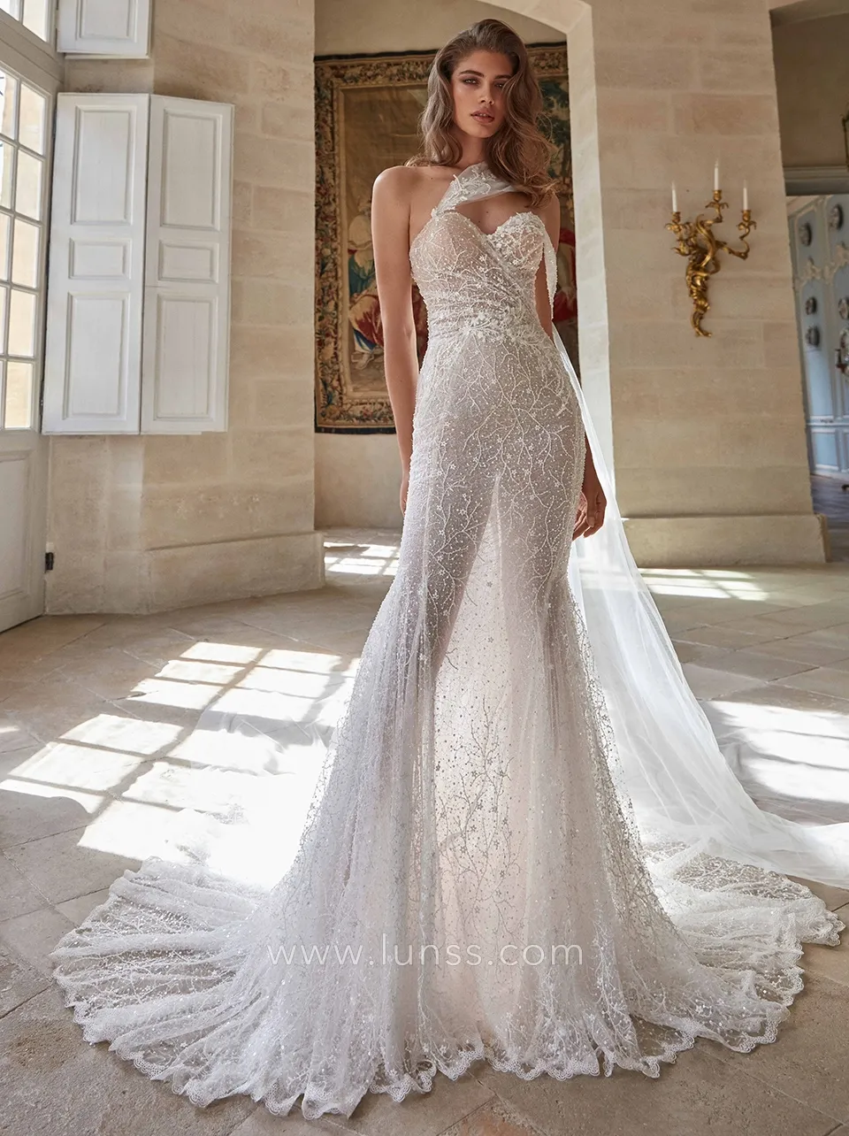 romantic white tulle lace mermaid bridal dress embroidered with shimmery pearls and beads romantic white tulle lace mermaid bridal dress embroidered with shimmery pearls and beads