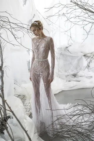 see through lace and feather modern sexy wedding dress