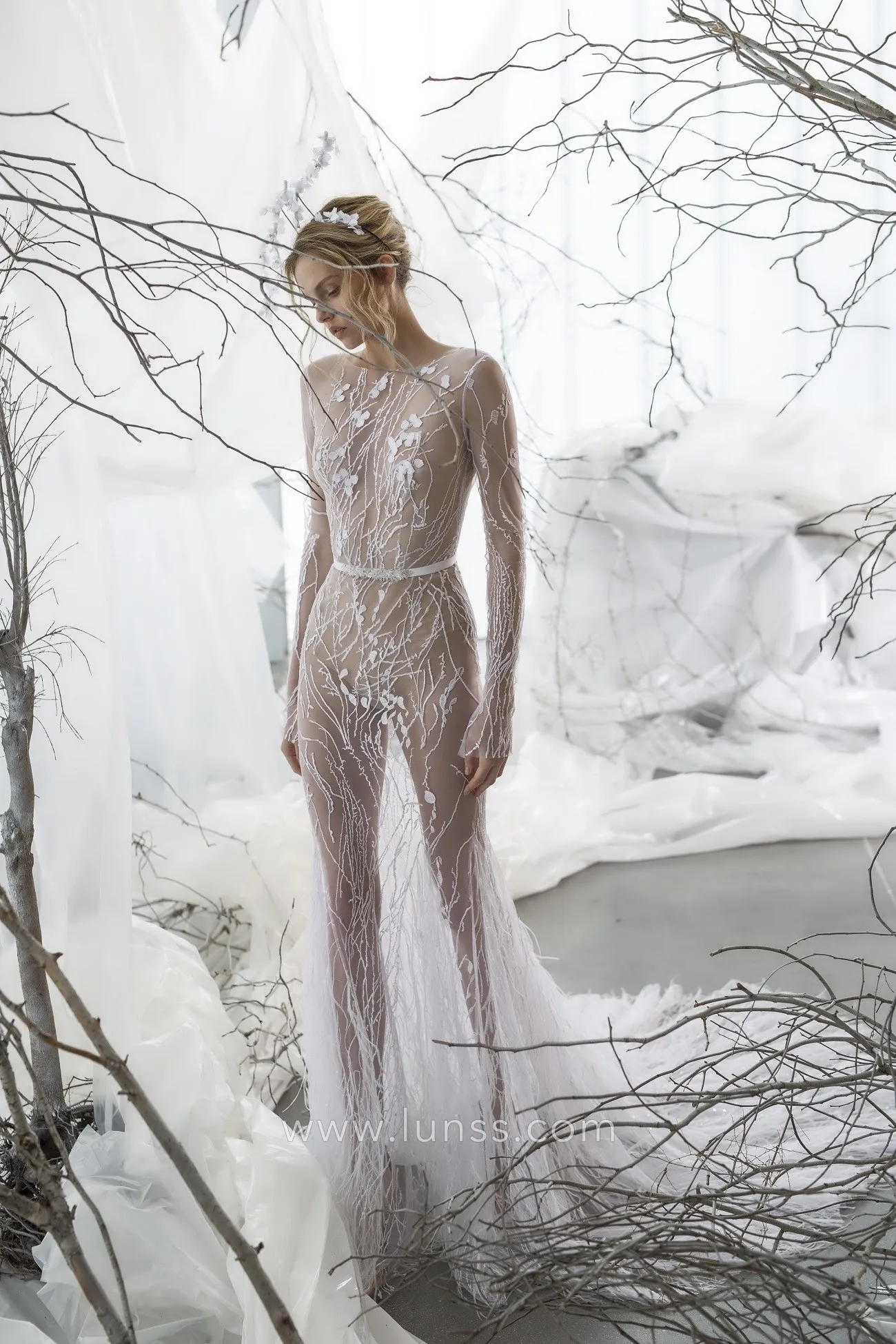 see through lace and feather modern sexy wedding dress