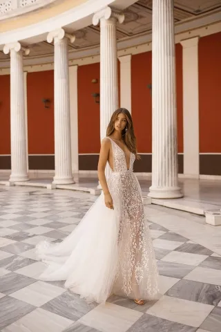 sexy plunging neck floral lace bridal gown with overskirt