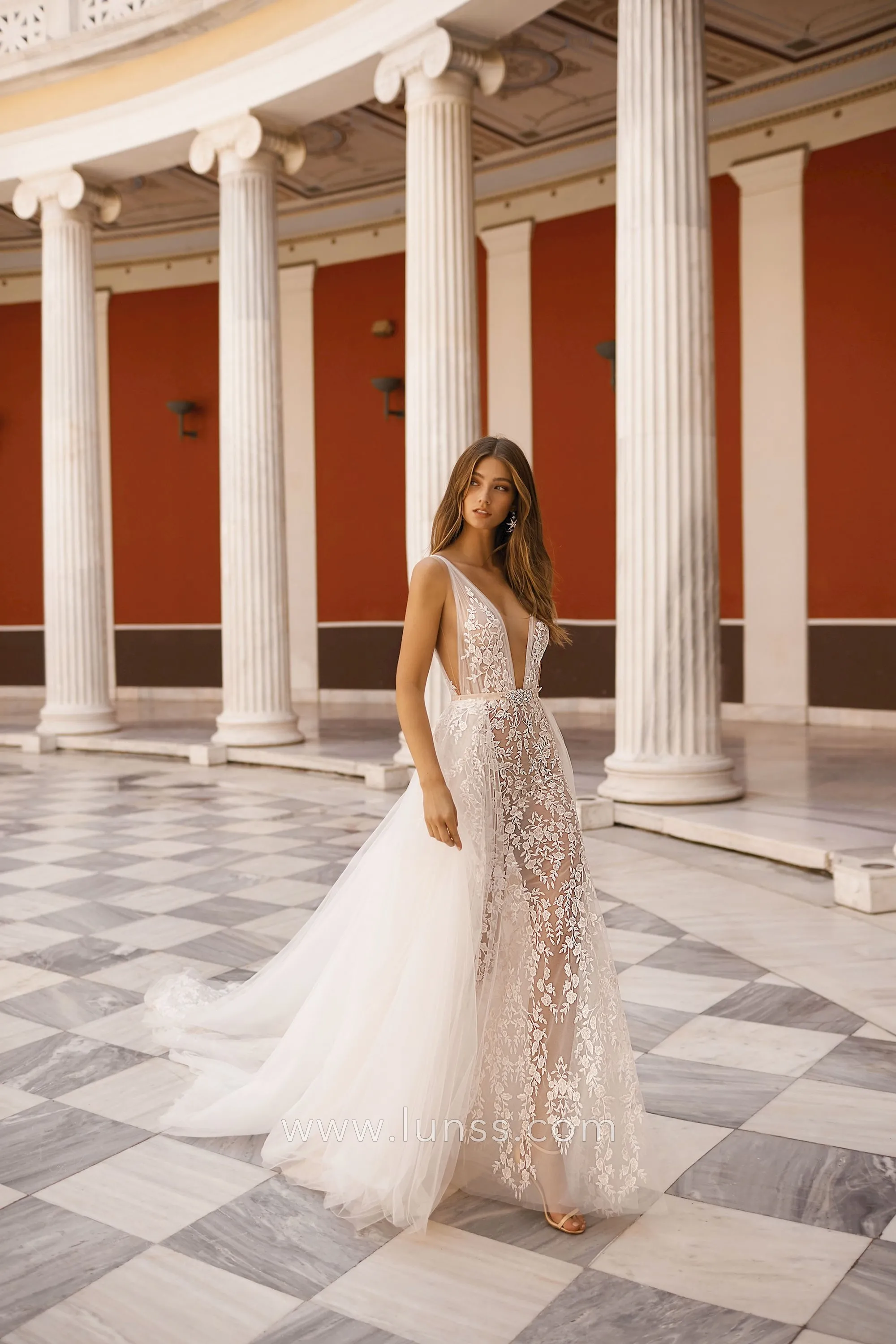 sexy plunging neck floral lace bridal gown with overskirt