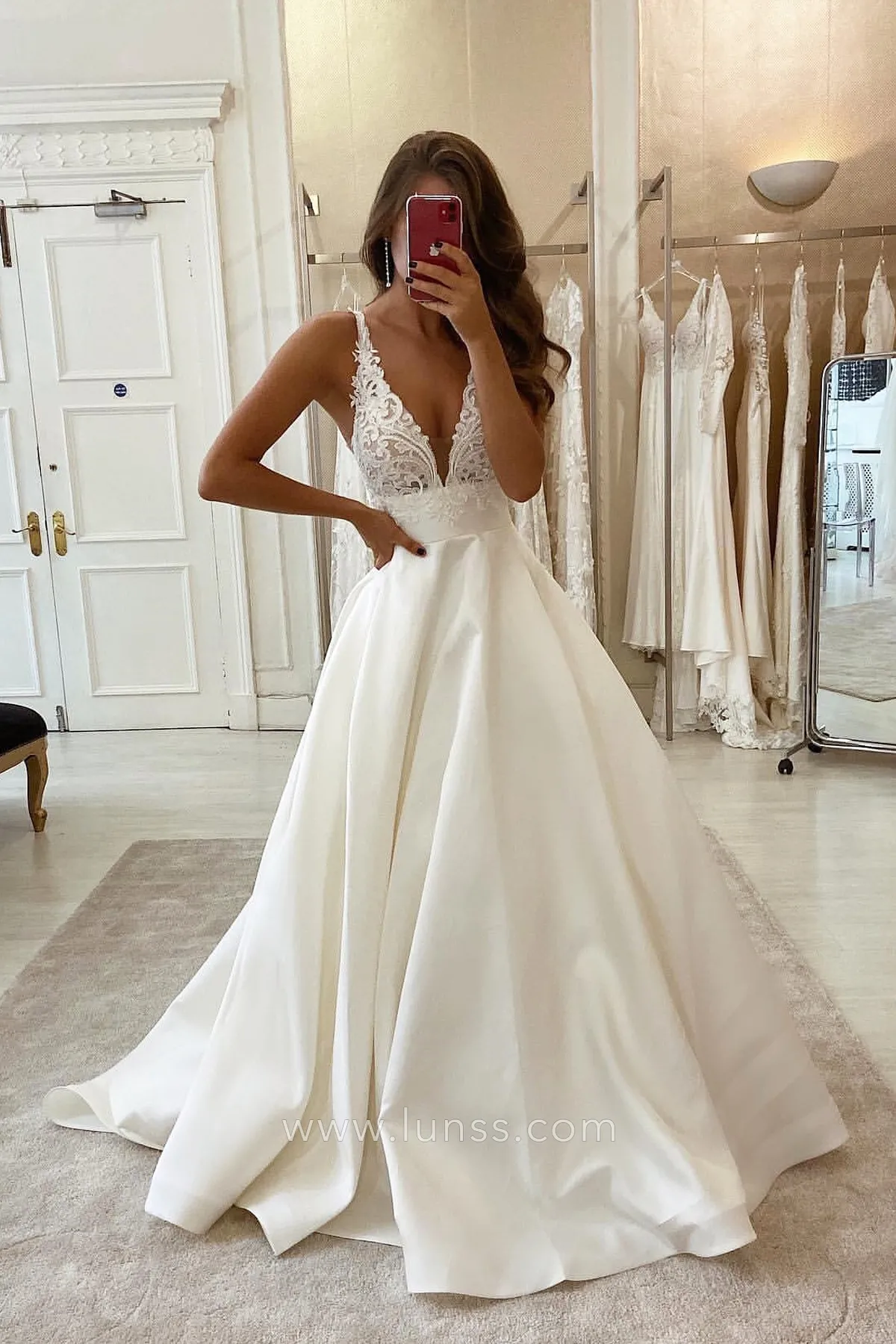 v neck ivory lace and satin modern wedding dress v neck ivory lace and satin modern wedding dress