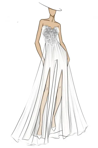 a sketch of beaded long wedding dress with triple slits