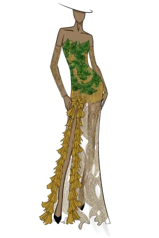 a sketch of green lace appliqued sheer gold glitter dress