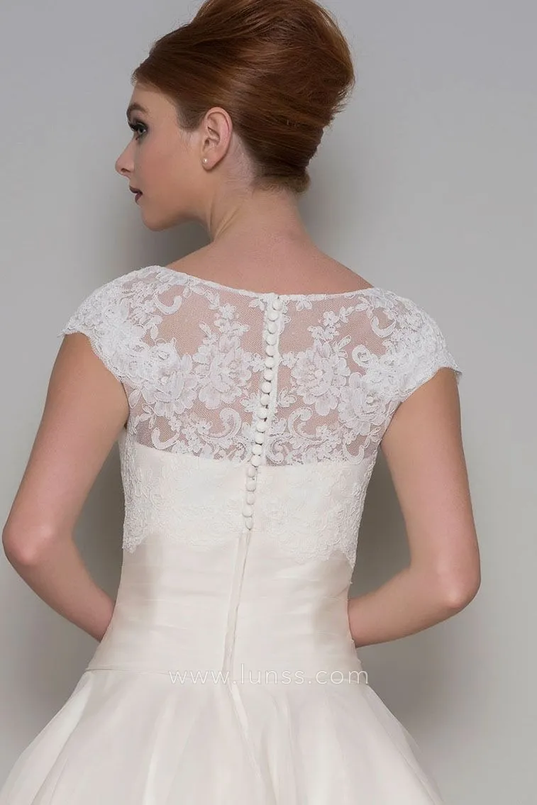 cap sleeve button back wedding dress