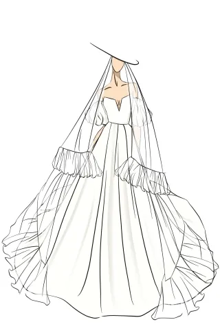 designer sketch of a 2 in 1 wedding dress with veil