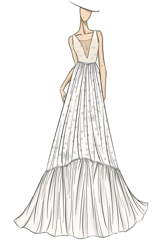 designer sketch of caped glitter illusion prom dress