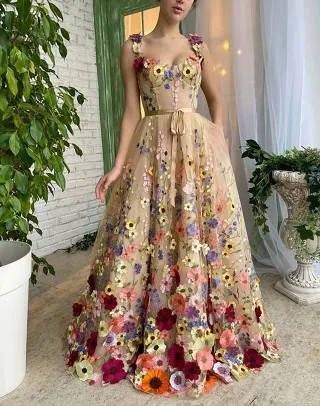 fairy 3d flower embroidery nude mesh birthday party dress
