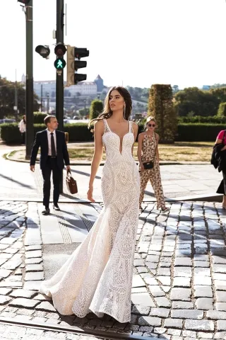 geometric pattern lace mermaid boho wedding dress