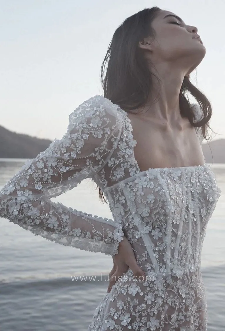 luxury beaded 3d flowers fishtail tulle wedding dress
