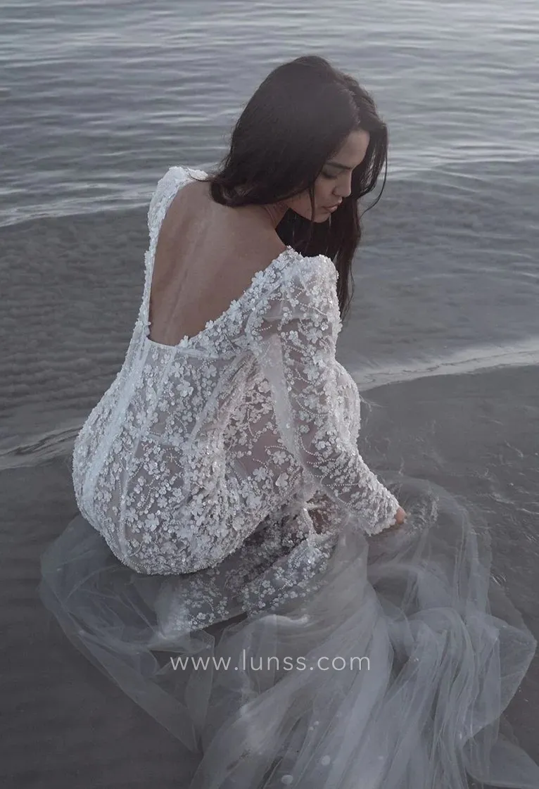 luxury beaded 3d flowers wedding dress