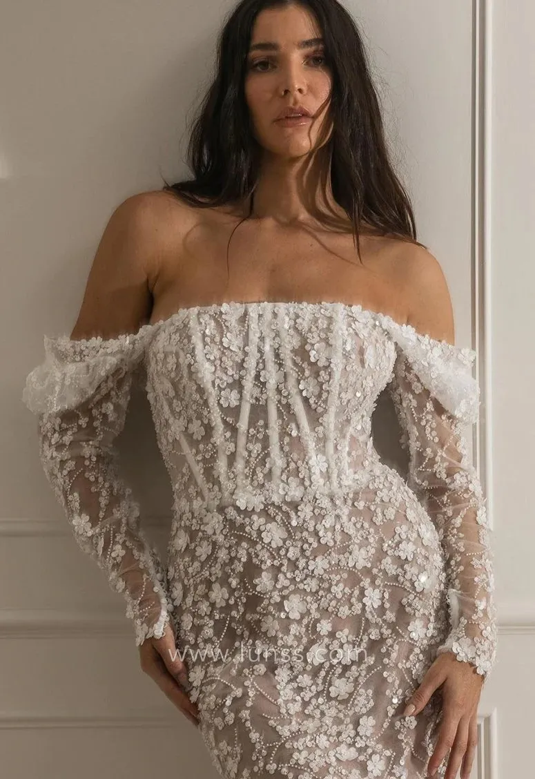 off the shoulder beaded flower bridal dress