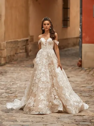 off the shoulder strap ivory lace designer wedding dress