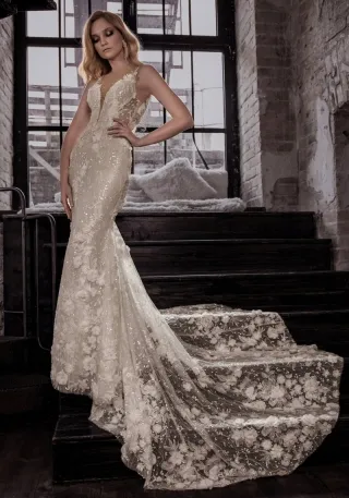 sequin lace beaded 3d flower designer long wedding dress