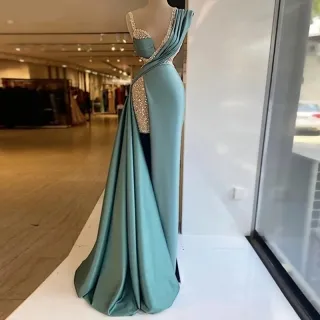 silver beading glitter blue satin asymmetrical split gown