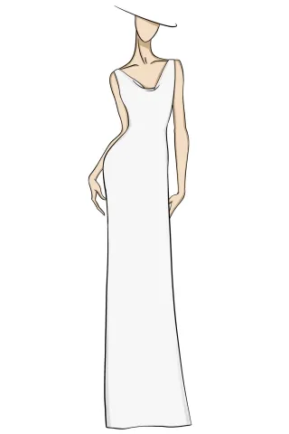 simple sketch of cowl v neck white sheath long dress