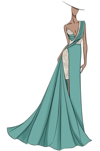sketch of asymmetrical glitter long prom dress