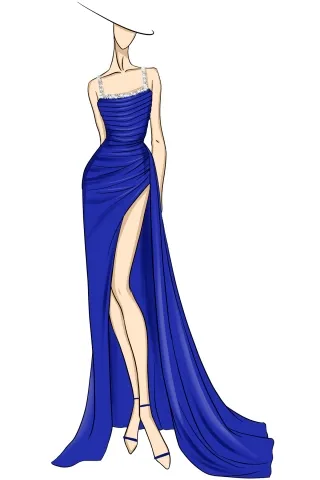 sketch of beaded royal blue sexy split long prom dress