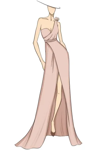 sketch of blush one shoulder split bridesmaid dress