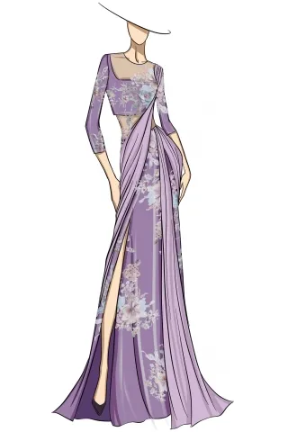 sketch of floral purple two piece bridal reception dress