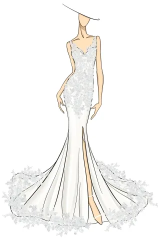 sketch of lace applique white satin mermaid wedding dress