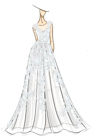 sketch of lace appliqued cap sleeve custom bridal dress