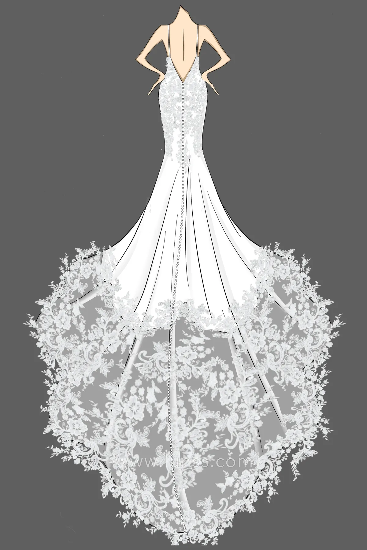 sketch of lace appliqued cheapel train wedding dress