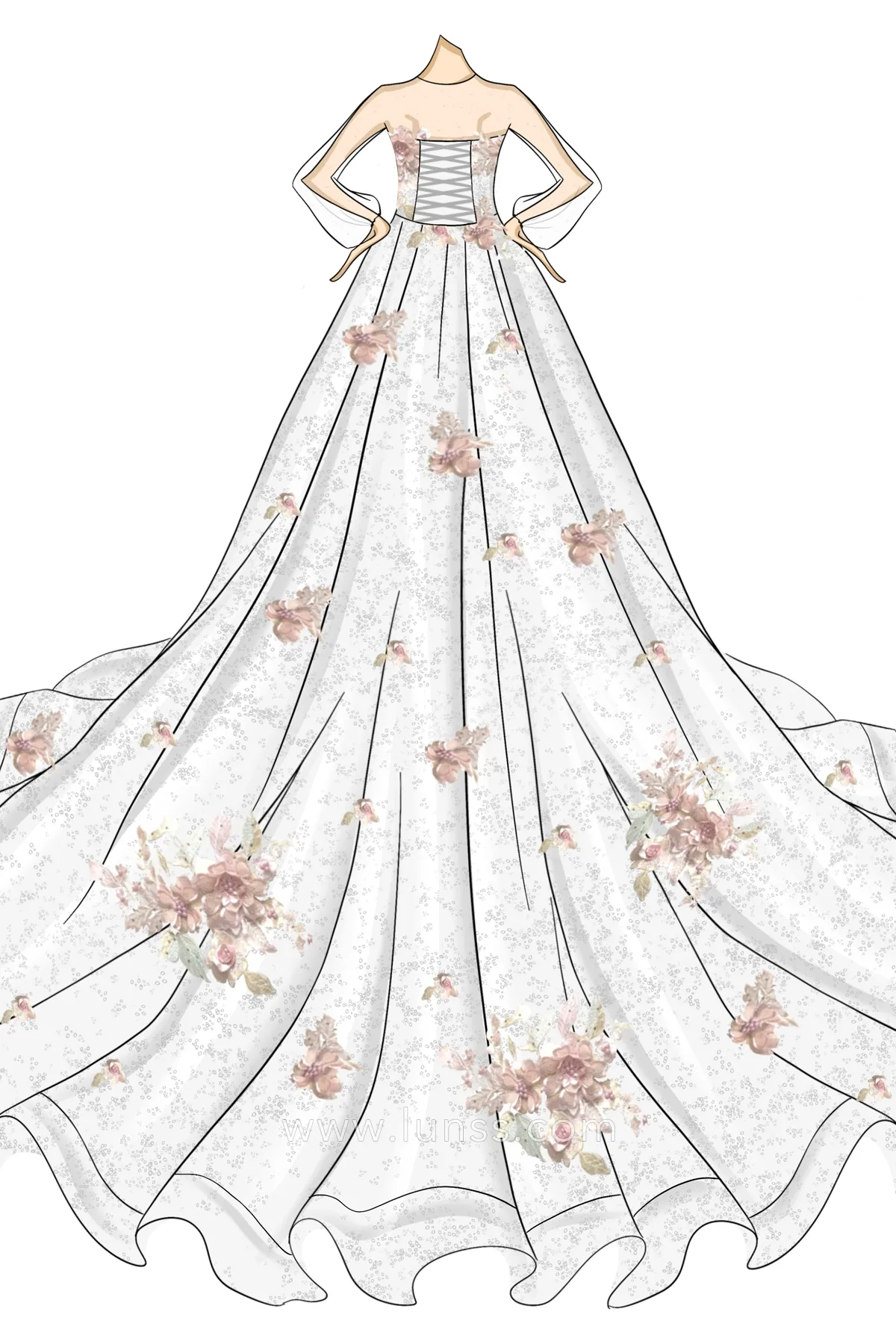 Sketch of Peach Floral Lace Appliqued Wedding Ball Gown - Lunss