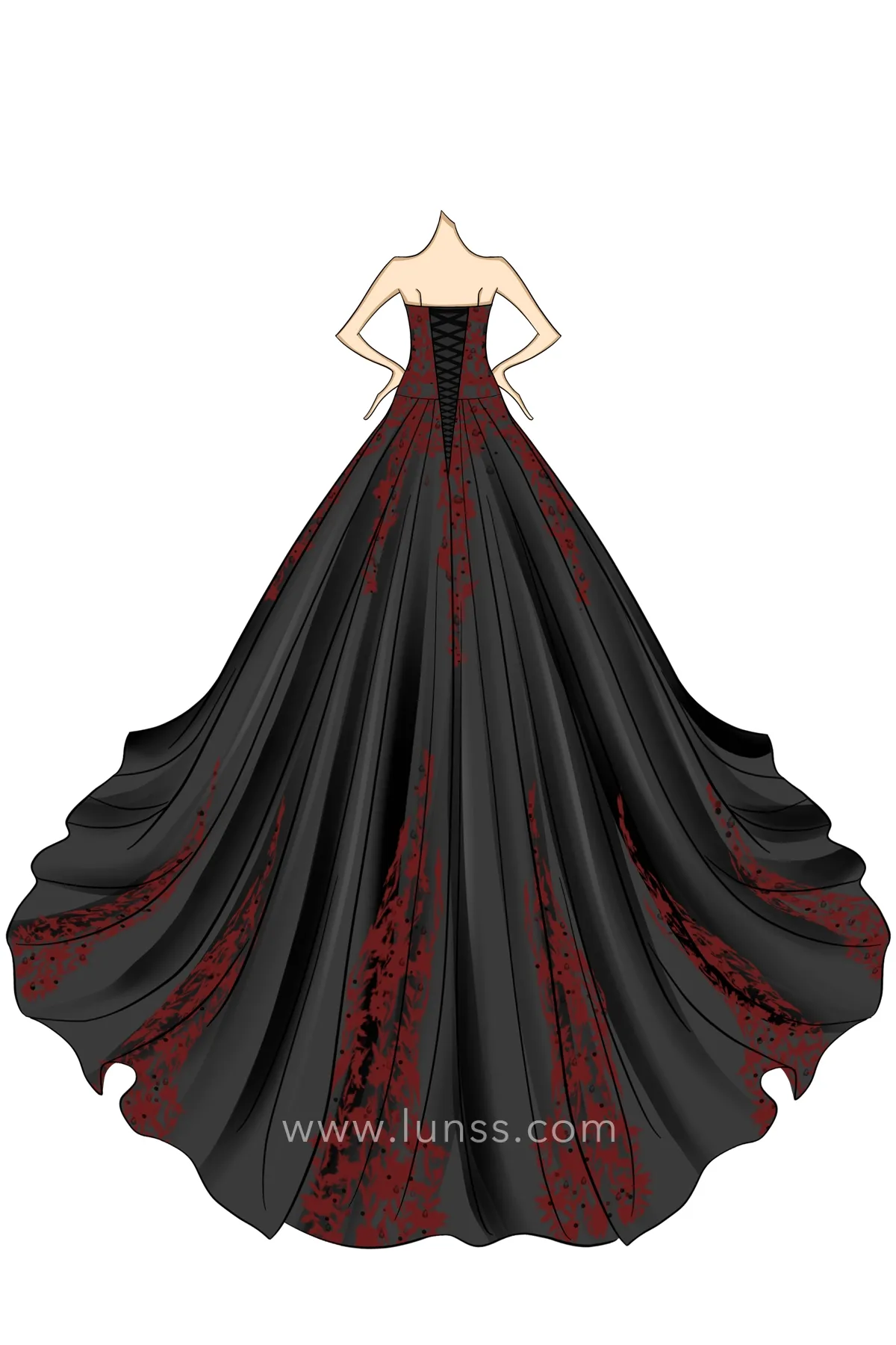sketch of red lace appliqued black gown