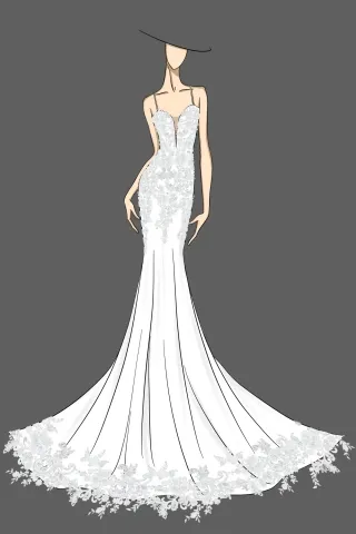 sketch of romantic lace appliqued mermaid wedding dress