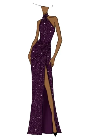 sketch of sparkly plum glitter slit military ball dress