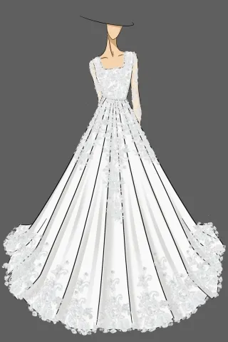 sketch of stunning lace appliqued satin wedding dress