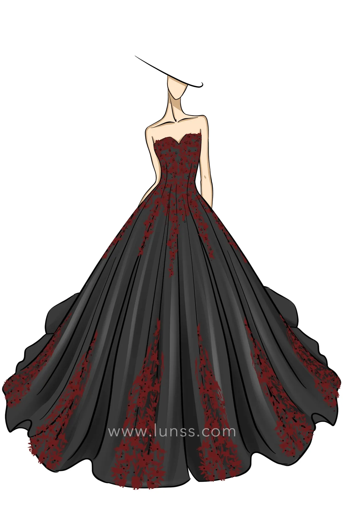 sketch of stunning red lace appliqued black ball gown