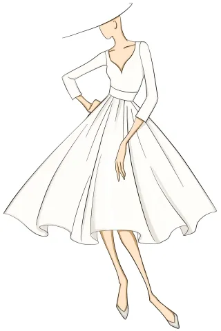 sketch of tea length bridal satin puff dress