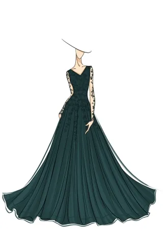 sketch of vintage dark green lace long sleeve formal gown