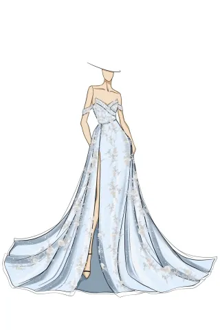 sketch of white lace appliqued sky blue long prom dress