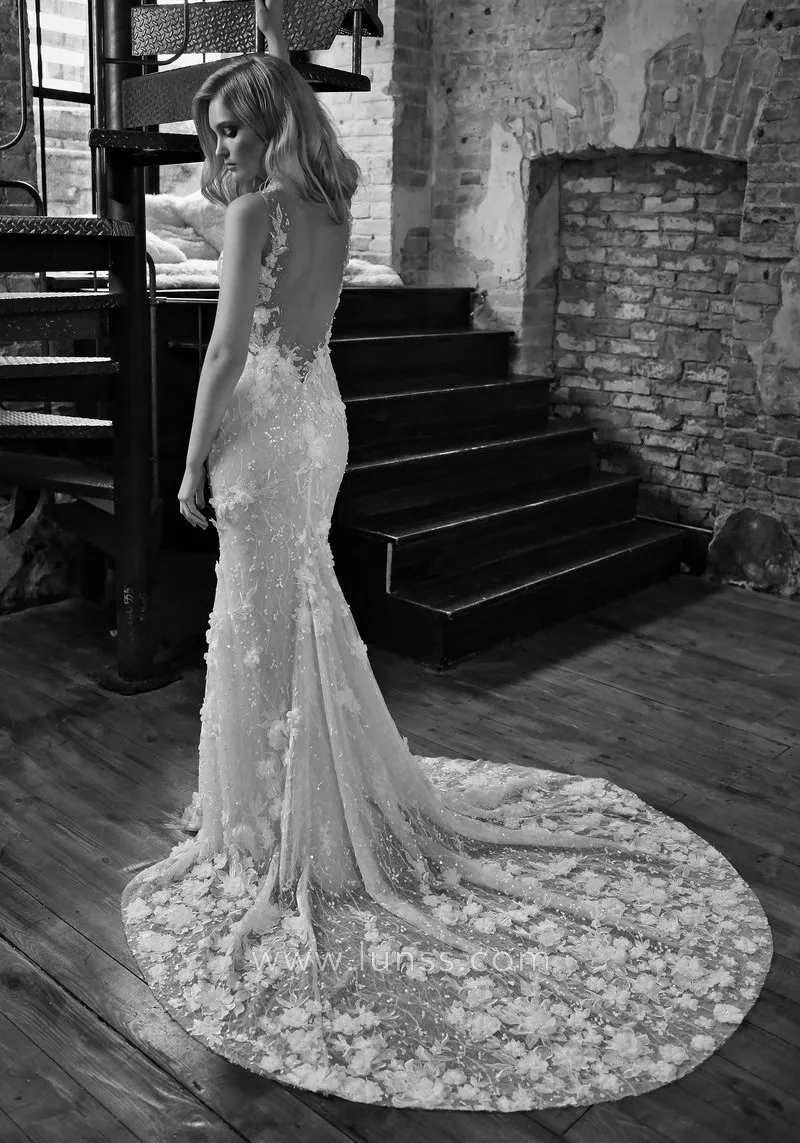 stunning low back mermaid designer wedding dress