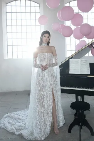 stunning wave beading mesh detachable sleeve bridal dress