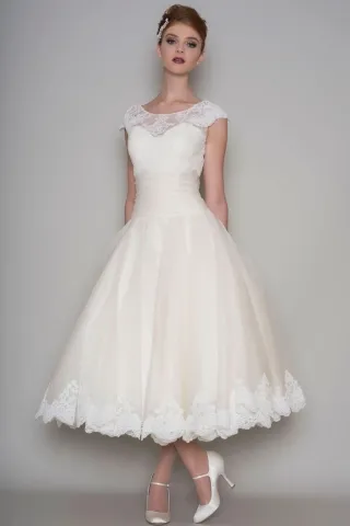 vintage cap sleeve tea length wedding dress