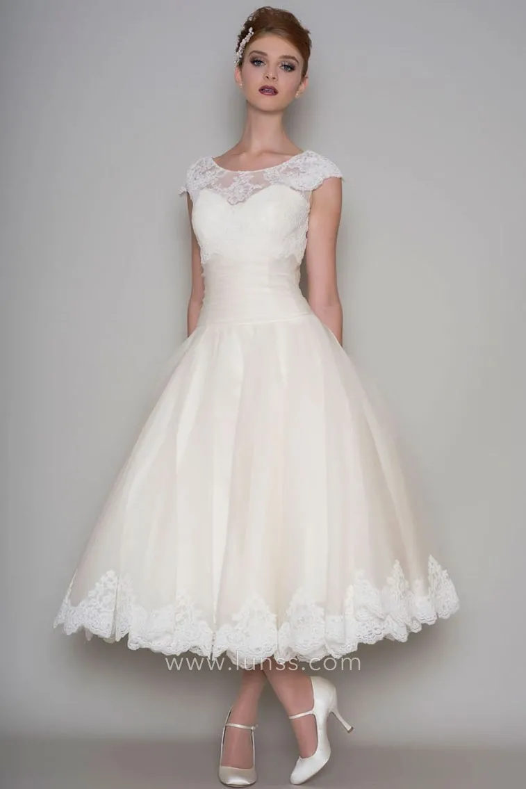 Vintage Cap Sleeve Tea-length Wedding Dress - Lunss