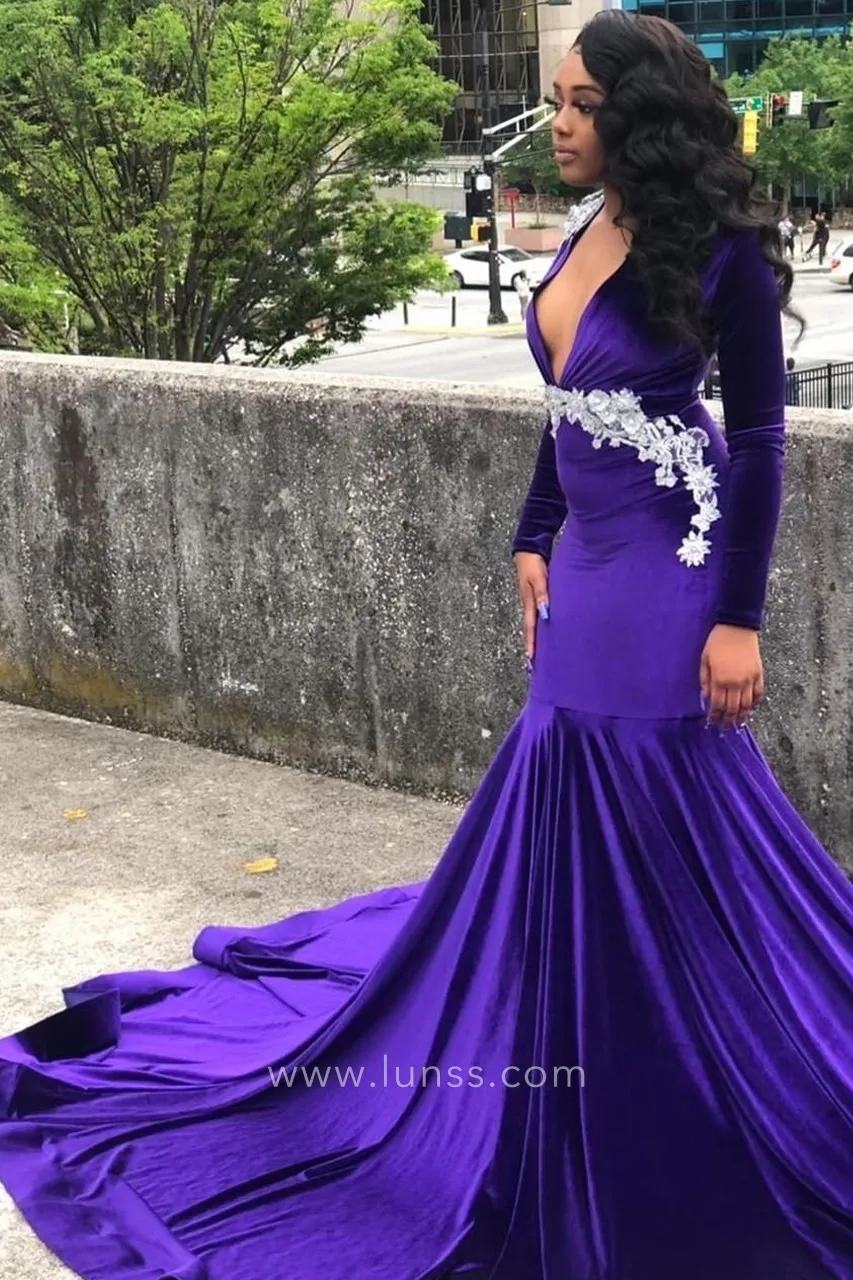 lace appliqued purple spandex prom dress