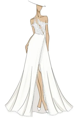 sketch of asymmetrical neck slit bridal reception dress
