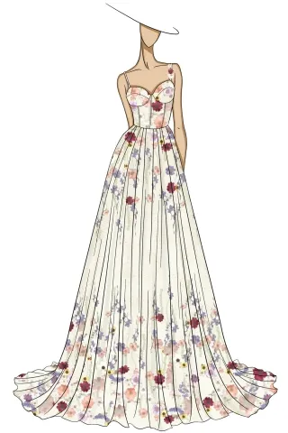sketch of feminine 3d flowers engagement long dress