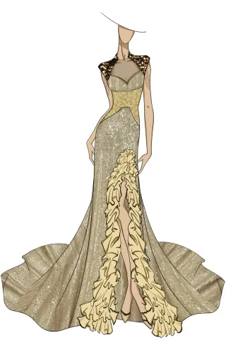 sketch of queen anne neck 50th ruffled birthday dress