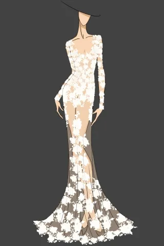 sketch of stunning white lace sheer long evening dress sketch of stunning white lace sheer long evening dress