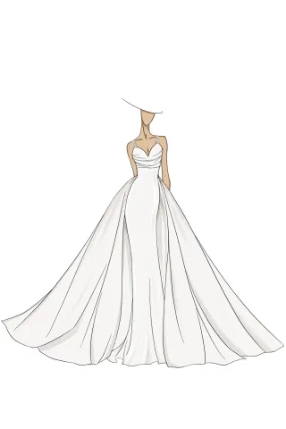 sketch of white bridal dress with floor length overskirt