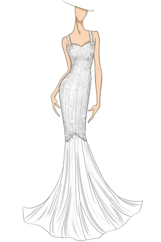 sketch of white glitter fishtail long train bridal dress sketch of white glitter fishtail long train bridal dress