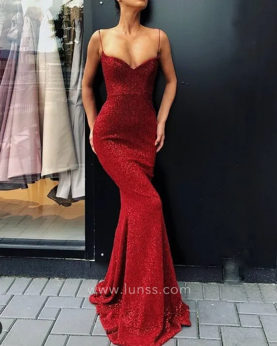 Dark Red Glitter Mermaid Prom Dress with Spaghetti Straps - Lunss