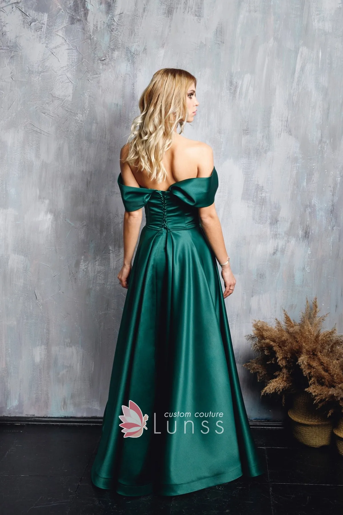 emerald satin off the shoulder long photoshoot dress