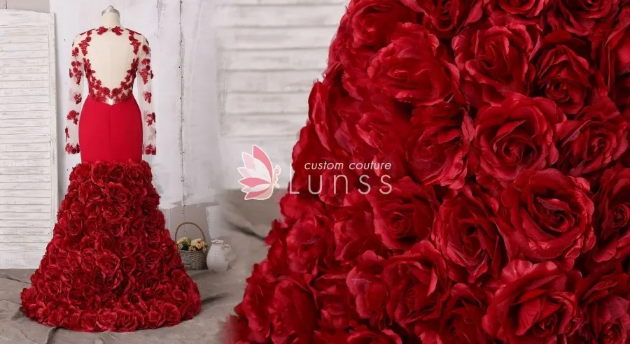 elaborate red 3d rose prom dress